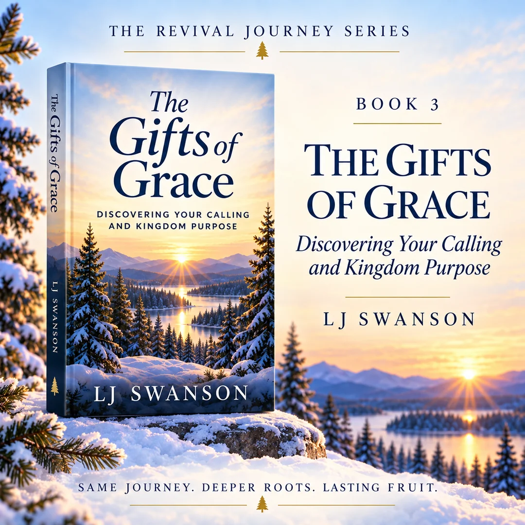 The Gifts of Grace, Book 3 in The Revival Journey Series, shown over a winter sunrise and lake
